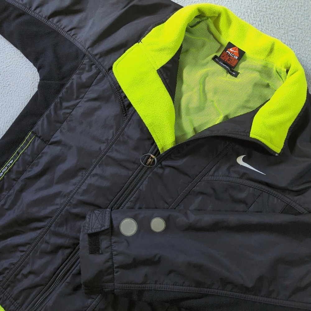 VTG Nike ACG Therma-FIT Jacket Mens Small Black Neon Green Fleece Full Zip